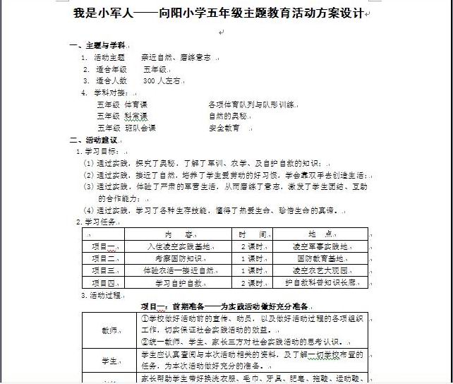 我是小军人 向阳小学五年级主题教育活动方案设计 栏目 上海市徐汇区向阳小学